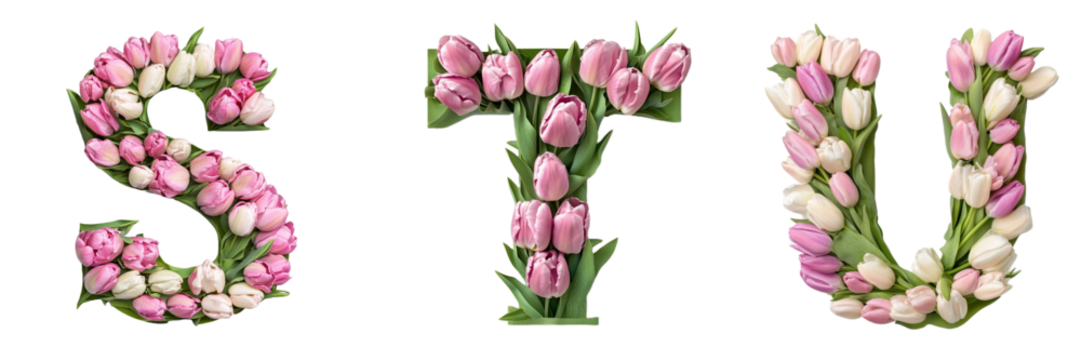 S, T, U . Tulips alphabet. Initials with floral elements.Floral letter design. Composition for card,greetings, invitation, save the date, logo, business. Transparent background PNG. 