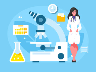 Female doctor with a large microscope. Medical specialist. Microscope in a lab. Scientific and medical research concept. Vector graphics