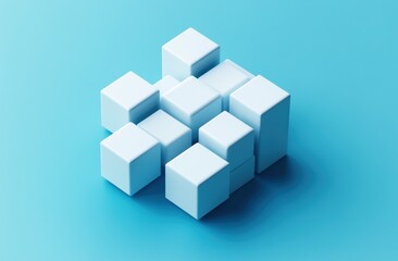 Abstract white cubes arranged on blue background.
