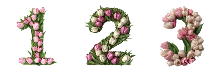 1, 2, 3 ,Tulips alphabet. Numbers with floral elements.Floral numbers design. Composition for card,greetings, invitation, save the date, logo, business. transparent background PNG. 