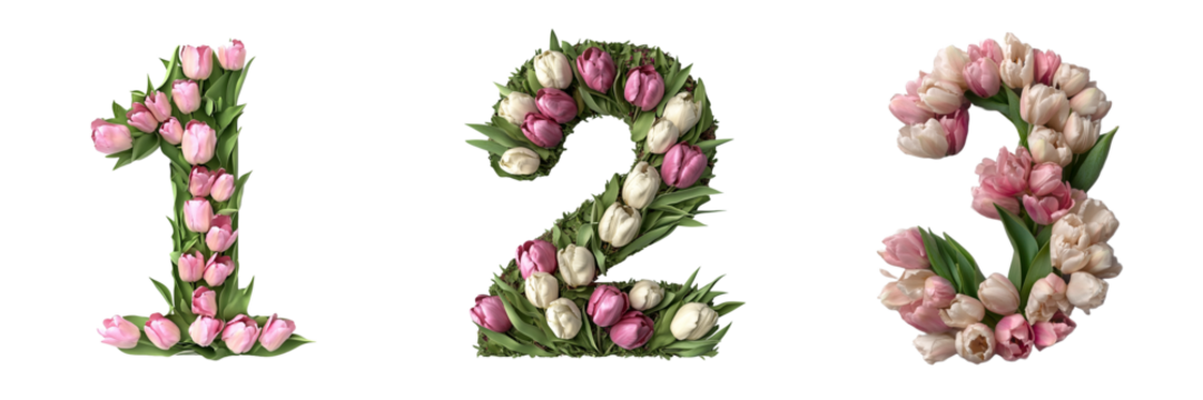 1, 2, 3 ,Tulips alphabet. Numbers with floral elements.Floral numbers design. Composition for card,greetings, invitation, save the date, logo, business. transparent background PNG. 