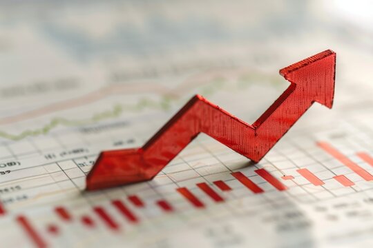 Red financial arrow going up the graph on a light background