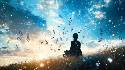 A person meditating in nature with floating music notes and a vivid sky creates a serene atmosphere, perfect for relaxation.
