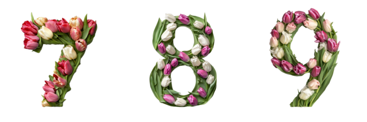 7,8, 9 .Tulips alphabet. Numbers with floral elements.Floral numbers design. Composition for card,greetings, invitation, save the date, logo, business. transparent background PNG. 