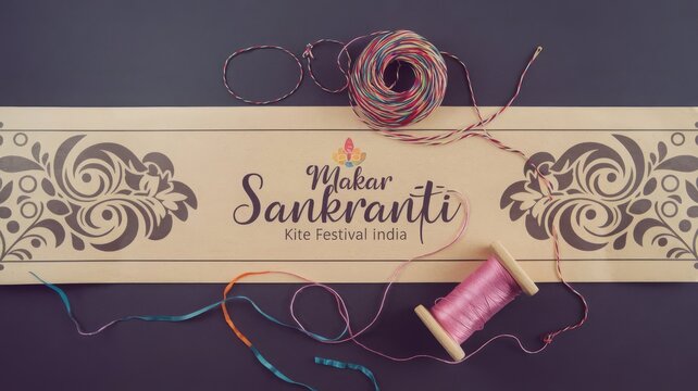 Celebrate Makar Sankranti: Vibrant Kite Festival of India. Explore the colorful spirit of Makar Sankranti, a traditional Indian kite festival, with vibrant threads and decorations.