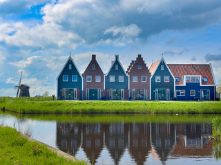 rural dutch country street of small old town Volendam, Netherlands,