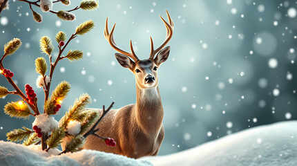 Christmas card with deer and decorative seasonal branches. Deer in snow and snowflakes.
