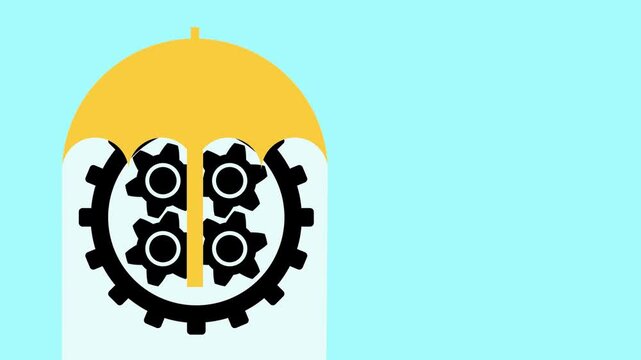 The umbrella protects four interlocking gears and within a larger gear, depicting protection or warranty for a machine, engine or product.