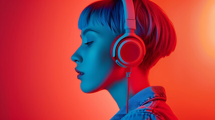Woman with headphones under colorful lighting