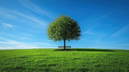 Serene Solitude: A Single Tree and Bench in a Verdant Meadow Under a Clear Blue Sky