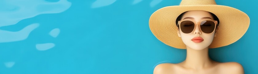 A serene image of a woman relaxing in a turquoise pool, wearing a large sunhat and sunglasses, embodying the essence of summer, Ideal for travel, wellness, and beauty promotions, © manchaya