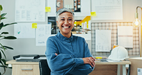 Portrait, happy woman or confident in agency for architecture, career pride or opportunity for housing development. Mature engineer, smile or arms crossed in firm with creative for project management © MagicDavid/peopleimages.com