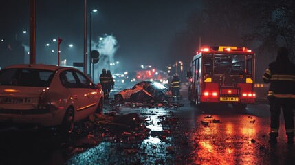 Emergency responders on a rainy night at a car accident scene with debris and damaged vehicles in an urban environment.