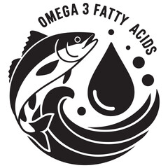 Icons of Omega 3 Fatty Acids. Black and White Vector Icons. Sea Fish and Drop of Oil. Label for Packaging of Medicines and Food Products