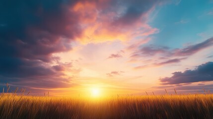 Obraz premium A breathtaking sunset over a golden field, showcasing vibrant hues of orange and purple in the sky, This image is perfect for themes of nature, tranquility, or rural life in marketing and design,