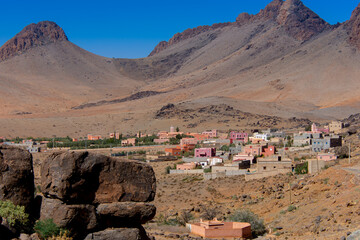 Rural and mountainous landscape along the Atlas Mountains in Morocco