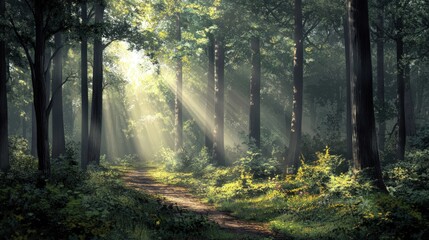 Fototapeta premium Sunlit forest path, tall trees, lush greenery.