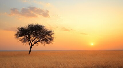 Fototapeta premium A solitary tree stands in a golden field under a vibrant sunset, creating a serene atmosphere, This image can be used for nature-related projects, inspirational content, or as a calming backdrop,