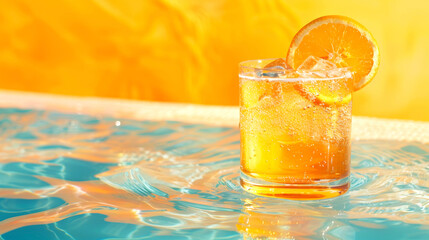 Fototapeta premium Vibrant image of refreshing citrus drink garnished with orange slice, set against sunlit pool backdrop. ideal for summer promotions, beverage ads, and vacation themes.