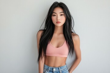 Naklejka premium Portrait of an Asian female model with long black hair