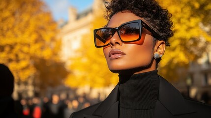 A woman wearing sunglasses and a black jacket stands in front of a building. The scene is set in a city with a lot of people around her