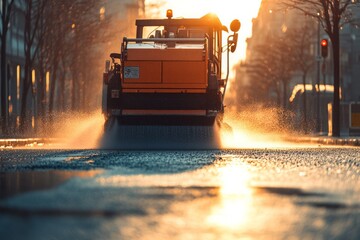 Photo of a street-cleaning machine equipped with a water sprayer operating on a sunlit road