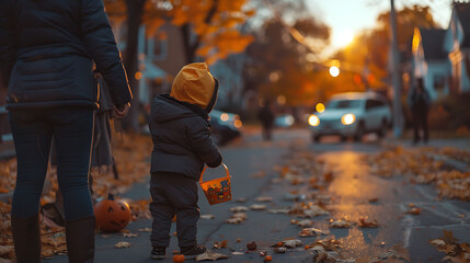A Young Child Dressed in a Halloween Costume Walks Down a Street, the Setting Sun Glowing in the Background, and a Car Passes in the Distance