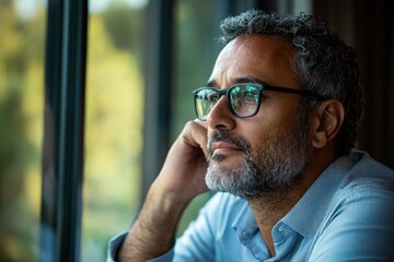 A businessman gazing out of his office window, deep in thought about the future of innovation and technology.