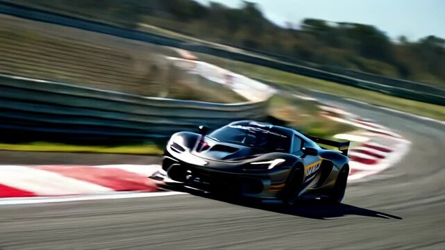 A sleek race car takes a sharp turn on a vibrant racetrack, expertly demonstrating precision and speed during a thrilling motorsport competition that captivates the audience's attention.