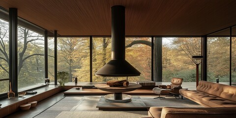 Modern fireplace illuminating contemporary living room with forest view