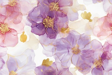 Colorful luxury watercolor seamless pattern with alcohol ink floral spring flowers and golden glitter texture.
