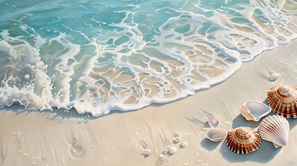 Obraz premium Seashells on Sandy Beach with Gentle Waves