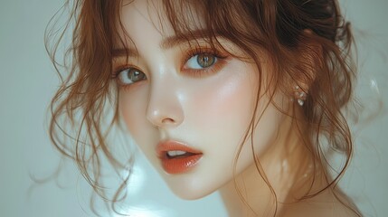 A woman with brown hair and a green eye is wearing makeup. She has a smile on her face and her eyes are open wide