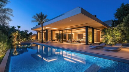 Fototapeta premium Outdoor living space - modern mansion in the desert at night with swimming pool