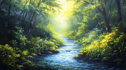 Fototapeta premium Sunlit stream flows through lush green forest.