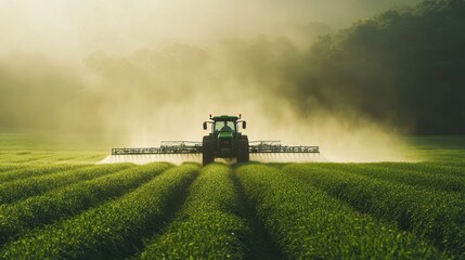 Fototapeta premium Sunrise Tractor Spraying Crops in Misty Field