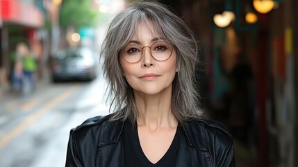Obraz premium A woman with short hair and glasses stands on a street. She is wearing a black jacket and a black shirt