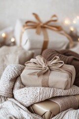 Soft gifts wrapped in luxurious cashmere scarves create a cozy New Year ambiance. Warm lighting and muted tones enhance the elegant and inviting feel of the scene
