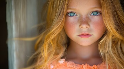 Fototapeta premium A young girl with blonde hair and blue eyes is wearing an orange dress. She has a rosy complexion and a bright smile