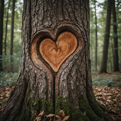 A tree trunk carved with a heart and initials of a couple.