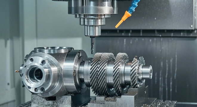 Production process of automotive parts with a 5-axis machining center.