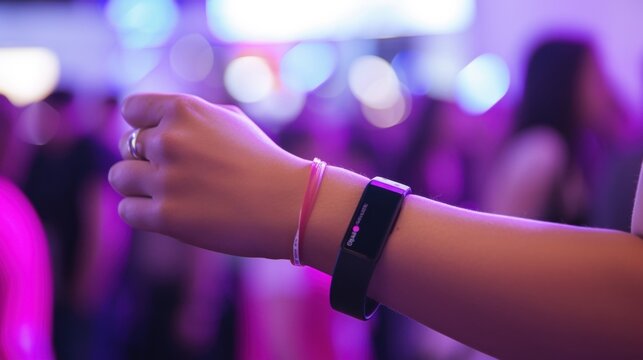 A closeup image of a wristband with builtin NFC technology. This band can be used by eventgoers to scan into different areas and access personalized features such as special