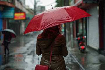Woman with a red umbrella walking in the rain on an urban street