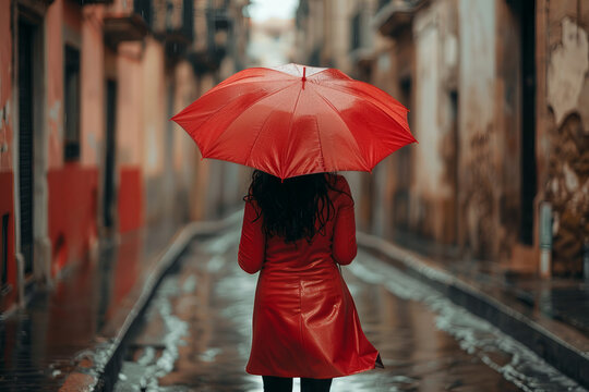 Rear view of a woman in a red coat holding a red umbrella while walking through a wet urban alley on a rainy day