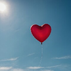 Fototapeta premium A red balloon shaped like a heart floating against a blue sky.