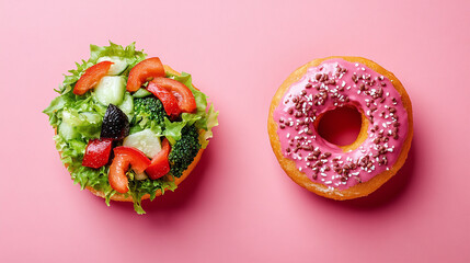 Vegetable salad versus donut, nutrition diet choice dilemma, calories choose decision, sweet temptation or healthy option, junk food rejection, weight control lifestyle.