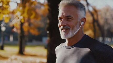 Obraz premium With a joyful smile, a senior man embraces the crisp autumn air in fitness wear, jogging through a picturesque park filled with colorful leaves and warm sunlight