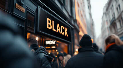 Large text Black Friday indicating the start of major sales of goods in stores and online marketplaces