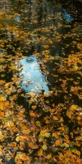 Autumn Leaves Floating on a Reflective Pond Surface Capturing the Essence of Fall Serenity, Natural Beauty, Tranquility. Vertical