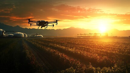 Fototapeta premium Drone flying over agricultural field at sunset.